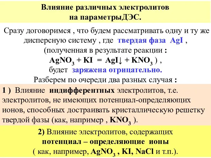 Влияние различных электролитов на параметрыДЭС. Сразу договоримся , что будем рассматривать