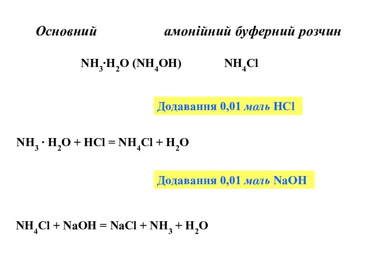 Основний амонійний буферний розчин NH3∙H2O (NH4OH) NH4Cl Додавання 0,01 моль НСl