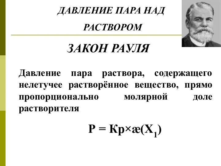 ДАВЛЕНИЕ ПАРА НАД РАСТВОРОМ Давление пара раствора, содержащего нелетучее растворённое вещество,