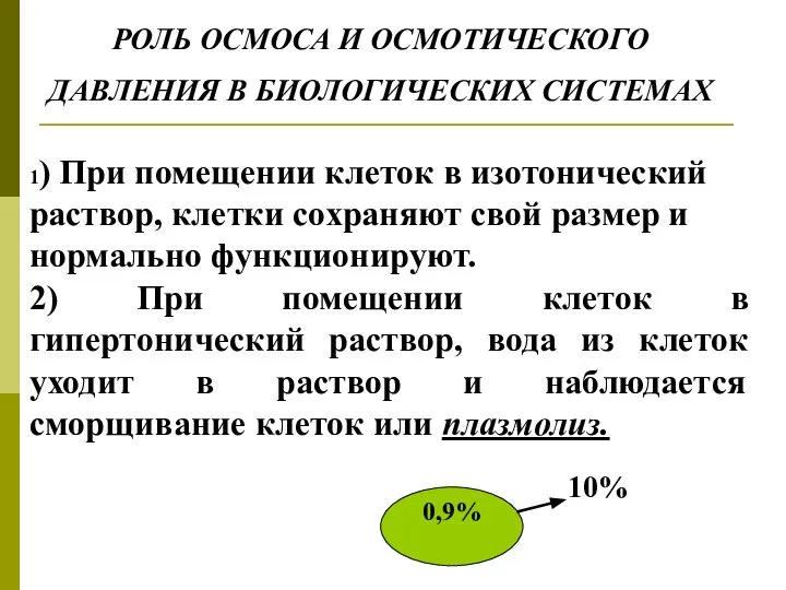 РОЛЬ ОСМОСА И ОСМОТИЧЕСКОГО ДАВЛЕНИЯ В БИОЛОГИЧЕСКИХ СИСТЕМАХ 1) При помещении