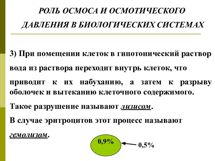 РОЛЬ ОСМОСА И ОСМОТИЧЕСКОГО ДАВЛЕНИЯ В БИОЛОГИЧЕСКИХ СИСТЕМАХ 3) При помещении