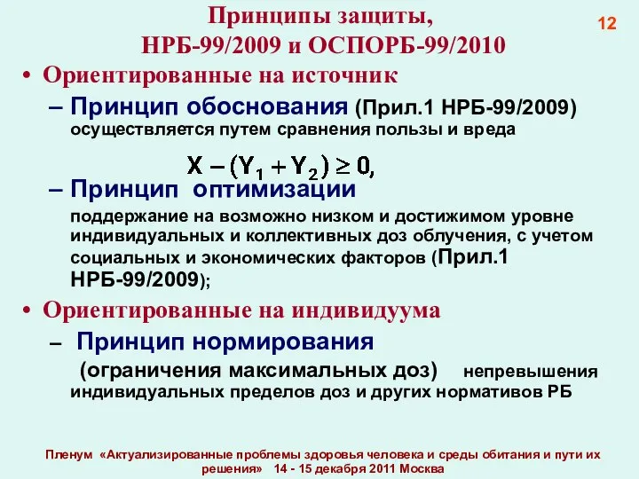 Принципы защиты, НРБ-99/2009 и ОСПОРБ-99/2010 Ориентированные на источник Принцип обоснования (Прил.1