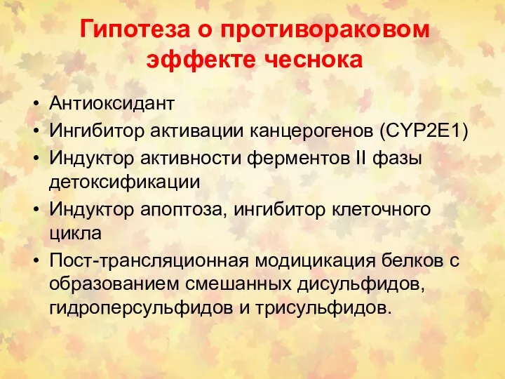 Гипотеза о противораковом эффекте чеснока Антиоксидант Ингибитор активации канцерогенов (CYP2E1) Индуктор