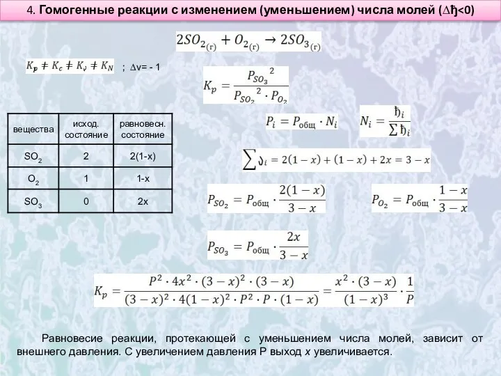 4. Гомогенные реакции с изменением (уменьшением) числа молей (∆ђ ; ∆ν=