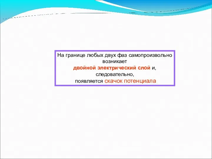 На границе любых двух фаз самопроизвольно возникает двойной электрический слой и, следовательно, появляется скачок потенциала