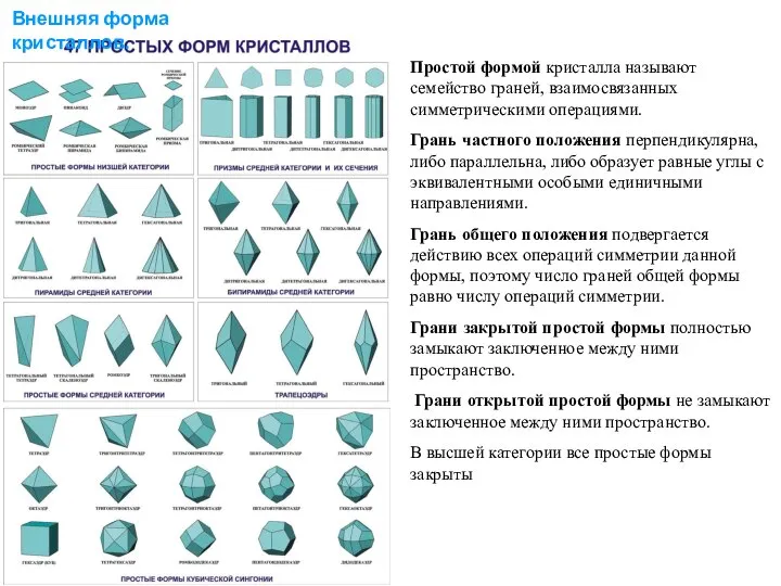 Внешняя форма кристаллов. Простой формой кристалла называют семейство граней, взаимосвязанных симметрическими