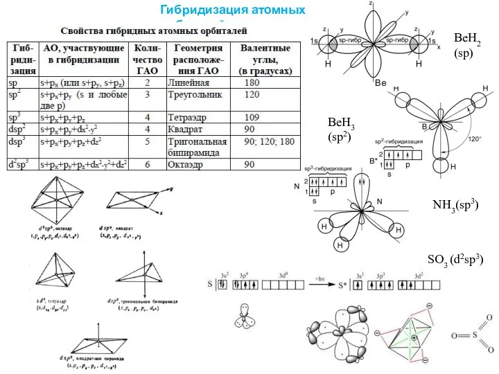 Гибридизация атомных орбиталей. BeH2 (sp) BeH3 (sp2) NH3(sp3) SO3 (d2sp3)