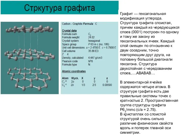 Графит — гексагональная модификация углерода. Структура графита слоистая, причем каждый из