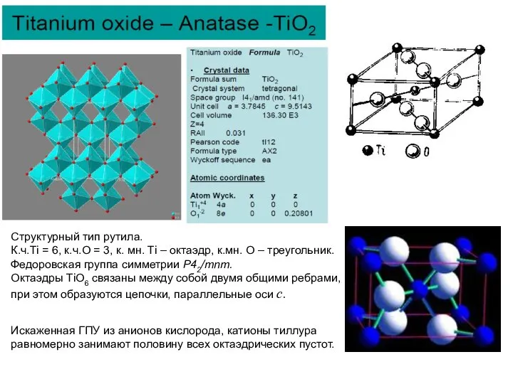 Структурный тип рутила. К.ч.Ti = 6, к.ч.O = 3, к. мн.