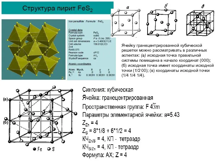 Ячейку гранецентрированной кубической решетки можно рассматривать в различных аспектах: (а) исходная