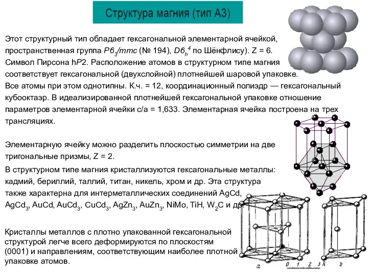 Этот структурный тип обладает гексагональной элементарной ячейкой, пространственная группа P63/mmc (№