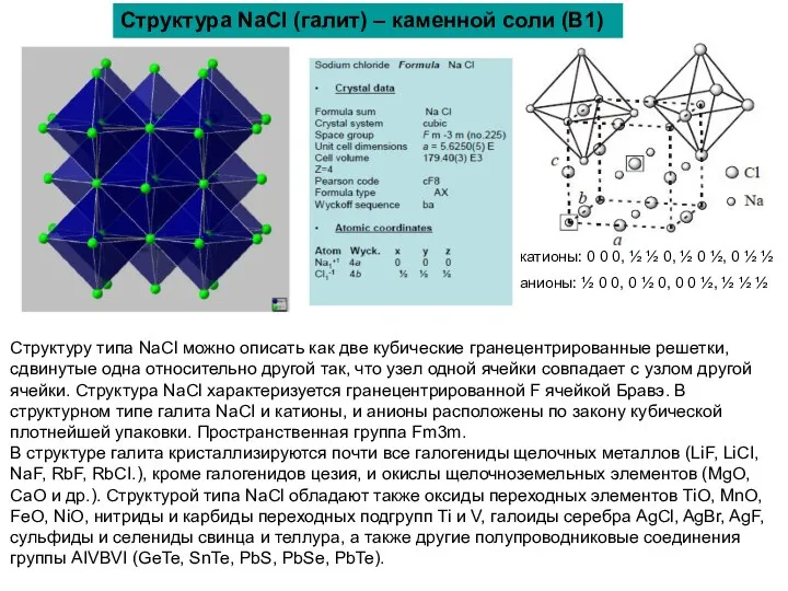 Структура NaCl (галит) – каменной соли (B1) Структуру типа NaCl можно