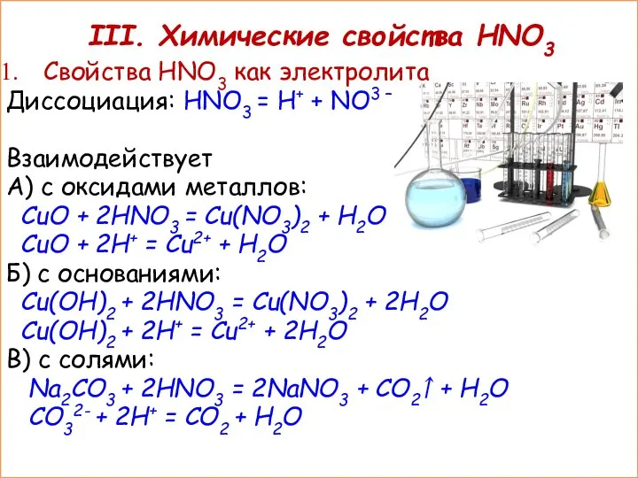 III. Химические свойства HNO3 Свойства HNO3 как электролита Диссоциация: HNO3 =