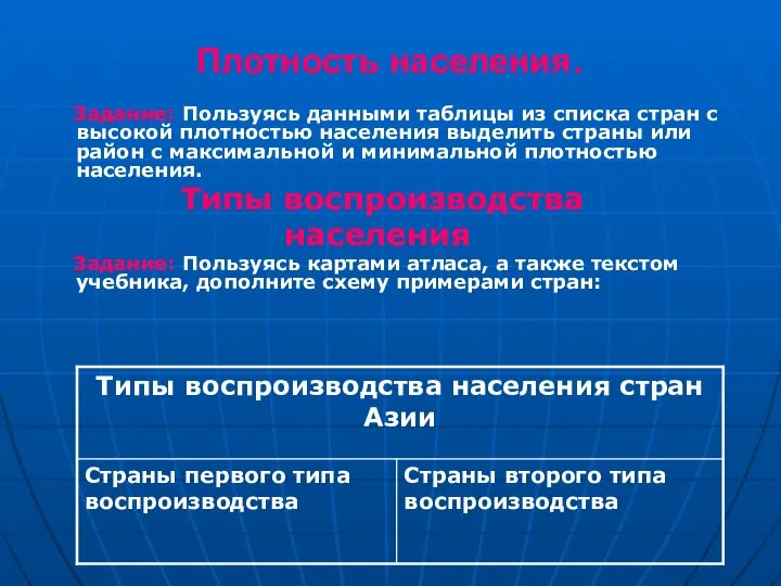 Плотность населения. Задание: Пользуясь данными таблицы из списка стран с высокой