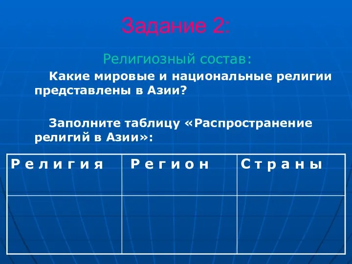 Задание 2: Религиозный состав: Какие мировые и национальные религии представлены в