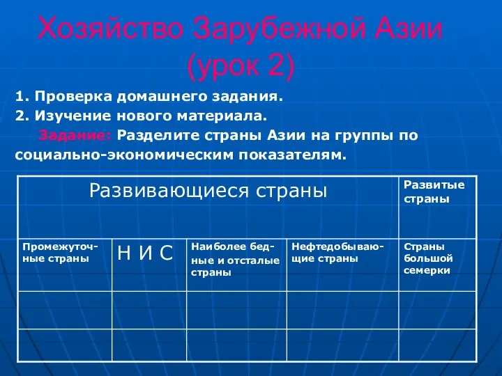 Хозяйство Зарубежной Азии (урок 2) 1. Проверка домашнего задания. 2. Изучение