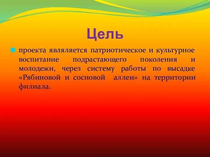 Цель проекта являляется патриотическое и культурное воспитание подрастающего поколения и молодежи,