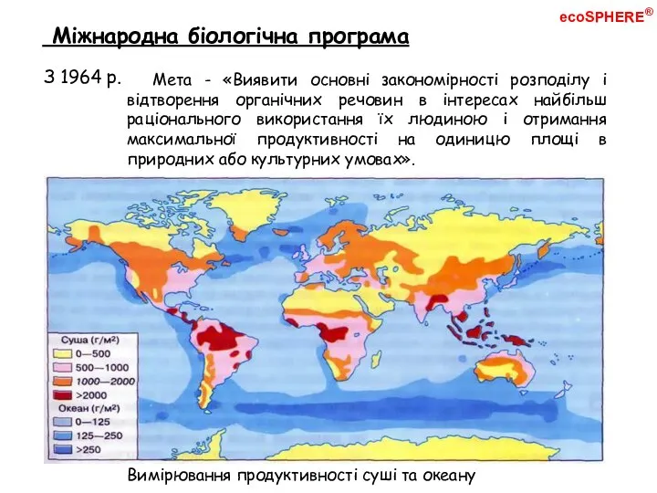 ecoSPHERE® Міжнародна біологічна програма Вимірювання продуктивності суші та океану З 1964