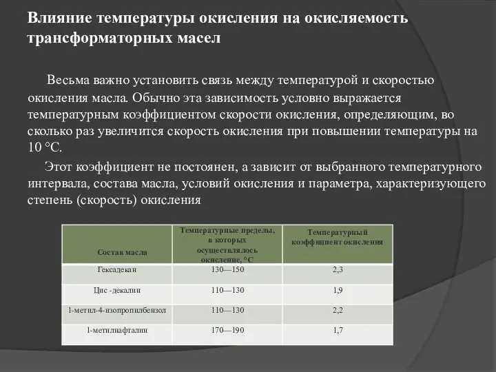 Влияние температуры окисления на окисляемость трансформаторных масел Весьма важно установить связь