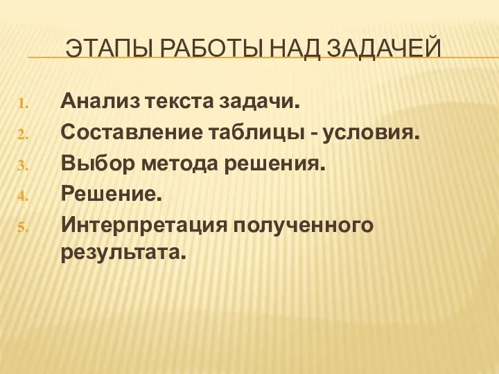 ЭТАПЫ РАБОТЫ НАД ЗАДАЧЕЙ Анализ текста задачи. Составление таблицы - условия.