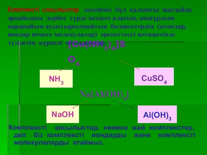 [Cu(NH3)4]SO4 Комплексті қосылыстар, немесе жай комплекстер, деп біз комплексті иондарды және