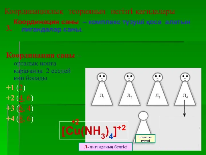 Координациялық теорияның негізгі қағидалары Координация саны – комплекс түзуші қоса алатын