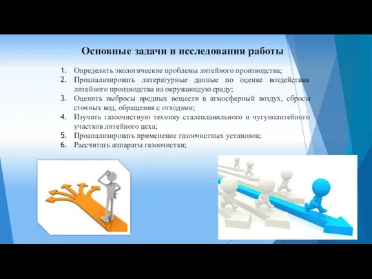 Основные задачи и исследования работы Определить экологические проблемы литейного производства; Проанализировать