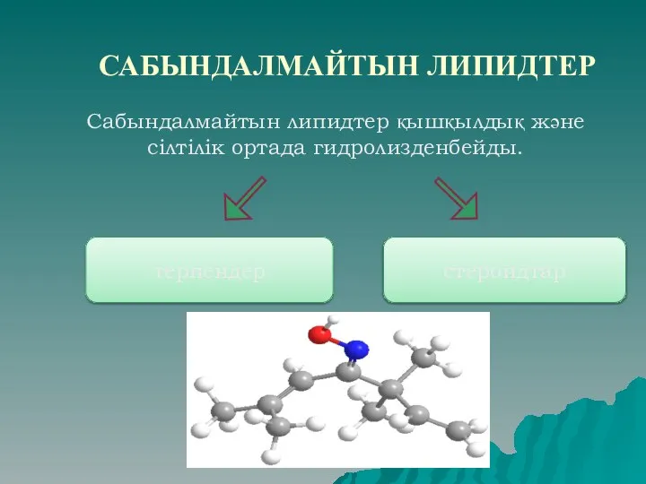 САБЫНДАЛМАЙТЫН ЛИПИДТЕР Сабындалмайтын липидтер қышқылдық және сілтілік ортада гидролизденбейды. терпендер стероидтар