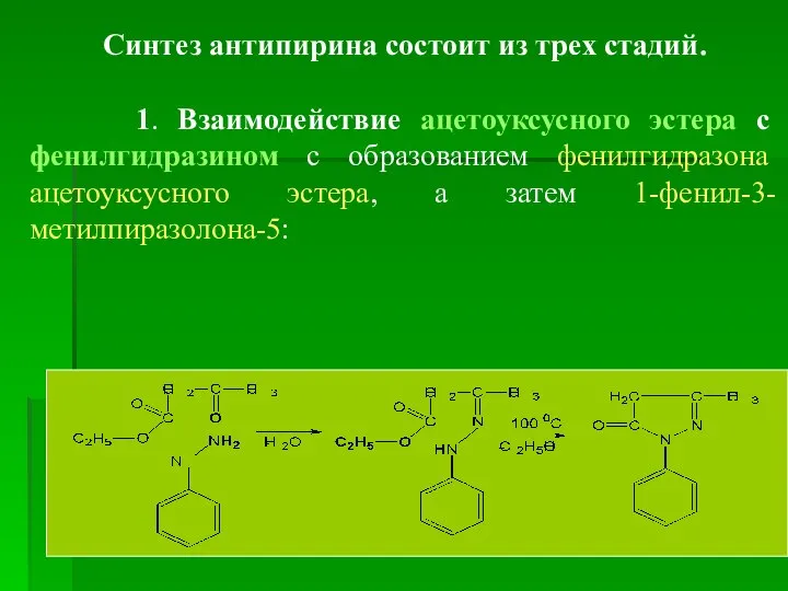 Синтез антипирина состоит из трех стадий. 1. Взаимодействие ацетоуксусного эстера с