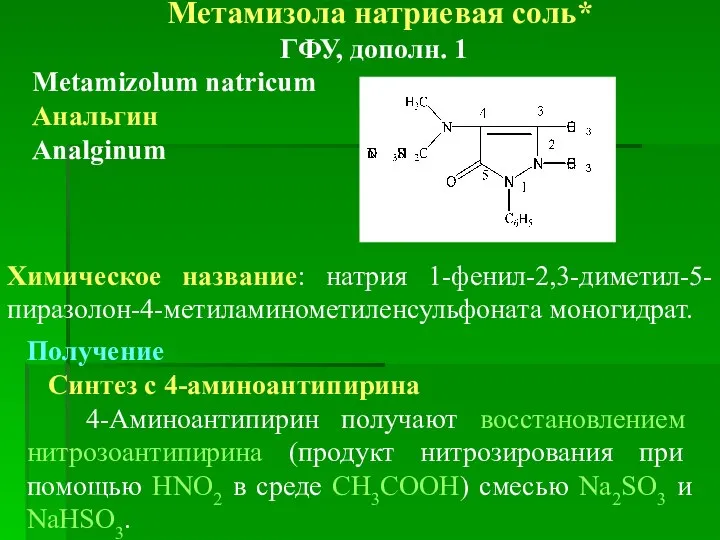 Метамизола натриевая соль* ГФУ, дополн. 1 Metamizolum natricum Анальгин Analginum Химическое
