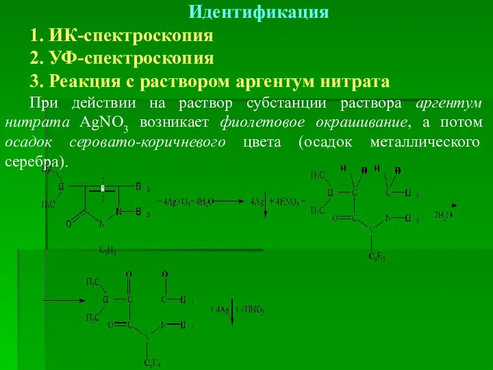 Идентификация 1. ИК-спектроскопия 2. УФ-спектроскопия 3. Реакция с раствором аргентум нитрата