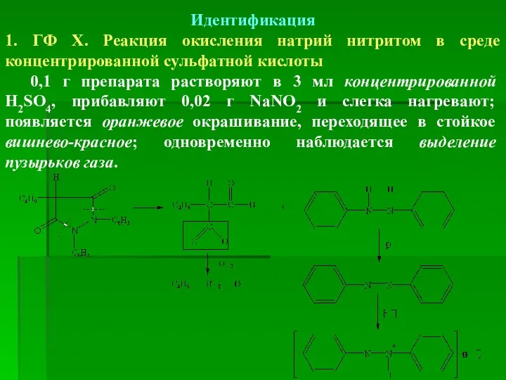 Идентификация 1. ГФ Х. Реакция окисления натрий нитритом в среде концентрированной