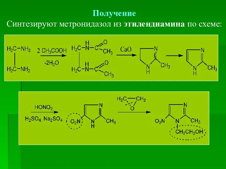 Получение Синтезируют метронидазол из этилендиамина по схеме: