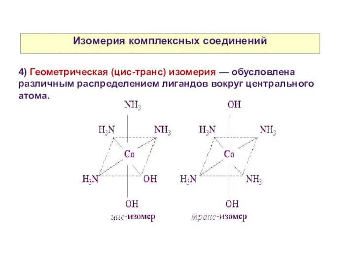 Изомерия комплексных соединений 4) Геометрическая (цис-транс) изомерия — обусловлена различным распределением лигандов вокруг центрального атома.