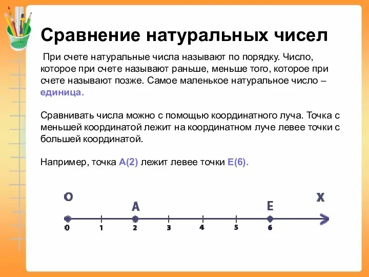 Сравнение натуральных чисел При счете натуральные числа называют по порядку. Число,