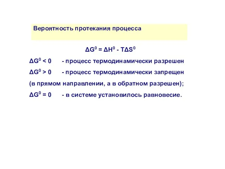 Вероятность протекания процесса ΔG0 = ΔH0 - TΔS0 ΔG0 ΔG0 >