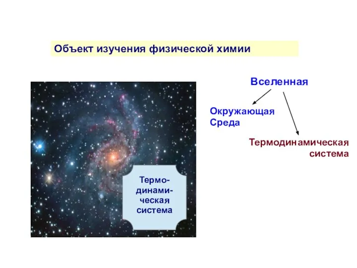 Термо-динами-ческая система Вселенная Окружающая Среда Термодинамическая система Объект изучения физической химии