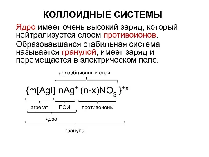 КОЛЛОИДНЫЕ СИСТЕМЫ Ядро имеет очень высокий заряд, который нейтрализуется слоем противоионов.