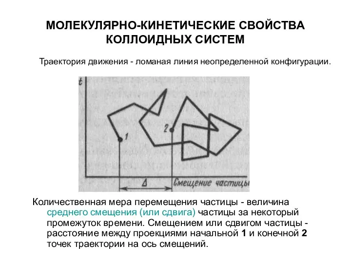 МОЛЕКУЛЯРНО-КИНЕТИЧЕСКИЕ СВОЙСТВА КОЛЛОИДНЫХ СИСТЕМ Количественная мера перемещения частицы - величина среднего