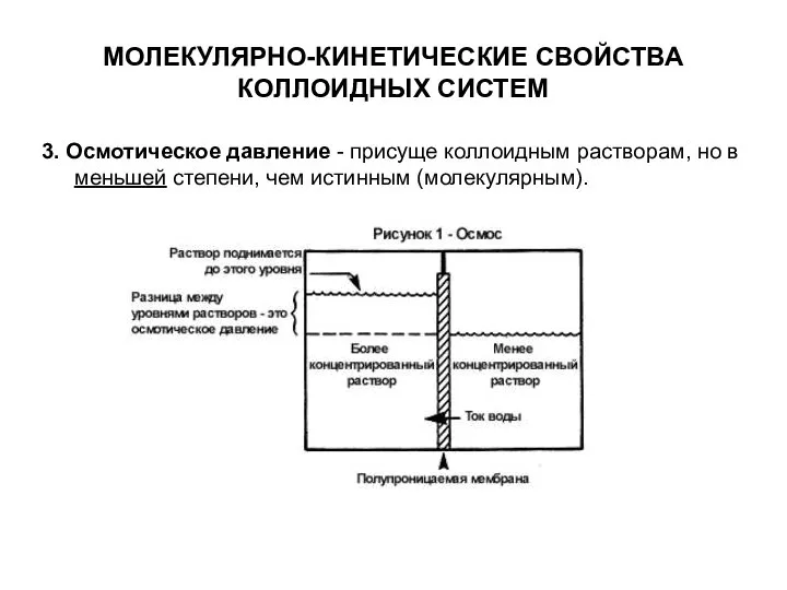 МОЛЕКУЛЯРНО-КИНЕТИЧЕСКИЕ СВОЙСТВА КОЛЛОИДНЫХ СИСТЕМ 3. Осмотическое давление - присуще коллоидным растворам,