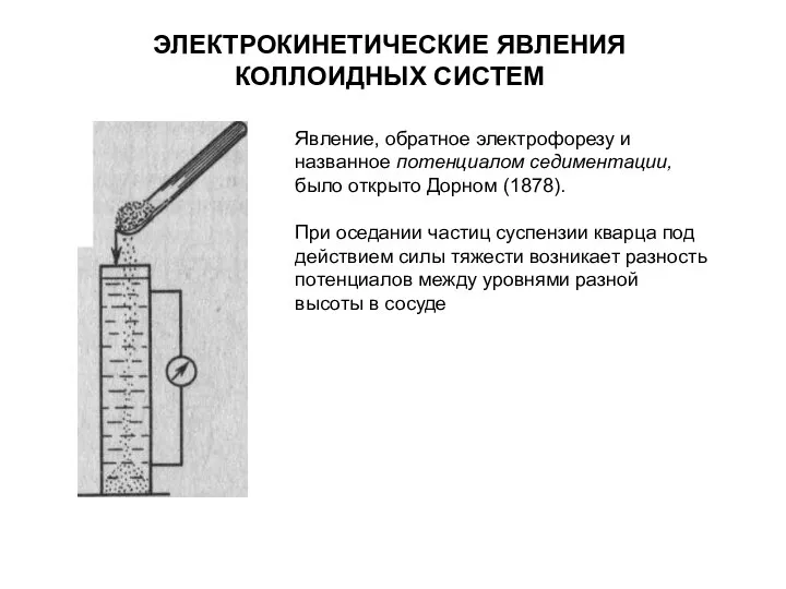 ЭЛЕКТРОКИНЕТИЧЕСКИЕ ЯВЛЕНИЯ КОЛЛОИДНЫХ СИСТЕМ Явление, обратное электрофорезу и названное потенциалом седиментации,