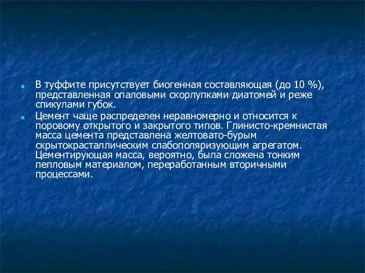 В туффите присутствует биогенная составляющая (до 10 %), представленная опаловыми скорлупками