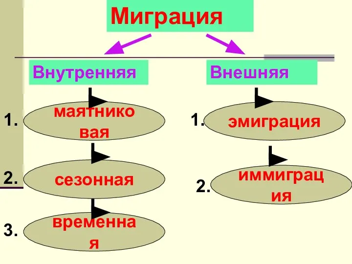 Миграция Внутренняя Внешняя маятниковая сезонная временная эмиграция иммиграция 1. 2. 3. 1. 2.