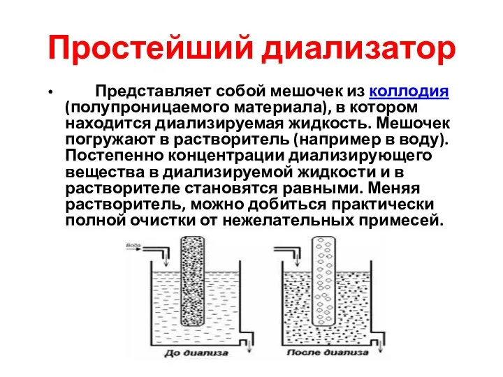 Простейший диализатор Представляет собой мешочек из коллодия (полупроницаемого материала), в котором