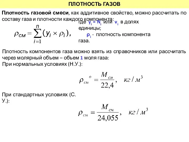 ПЛОТНОСТЬ ГАЗОВ Плотность газовой смеси, как аддитивное свойство, можно рассчитать по