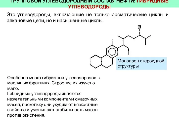 ГРУППОВОЙ УГЛЕВОДОРОДНЫЙ СОСТАВ НЕФТИ: ГИБРИДНЫЕ УГЛЕВОДОРОДЫ Это углеводороды, включающие не только