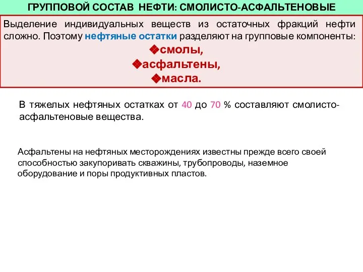 ГРУППОВОЙ СОСТАВ НЕФТИ: СМОЛИСТО-АСФАЛЬТЕНОВЫЕ ВЕЩЕСТВА Выделение индивидуальных веществ из остаточных фракций