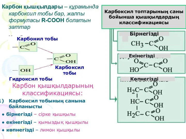 Карбон қышқылдары – құрамында карбоксил тобы бар, жалпы формуласы R-COOH болатын