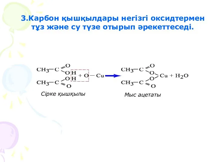 3.Карбон қышқылдары негізгі оксидтермен тұз және су түзе отырып әрекеттеседі. Сірке қышқылы Мыс ацетаты