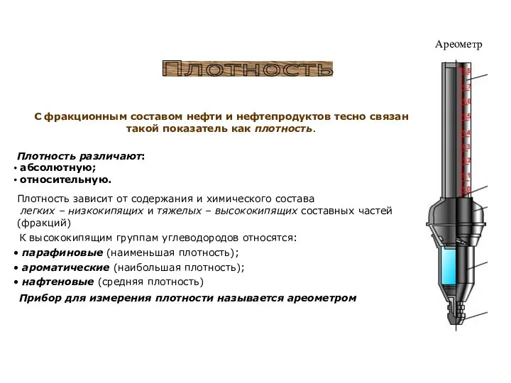 Плотность Плотность различают: абсолютную; относительную. Плотность зависит от содержания и химического